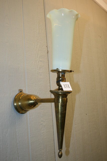Wall Torch Sconce with Shade: Brass Wall Torch Sconce with Vaseline Opalescent Ruffled Shade 22 1/2" Tall