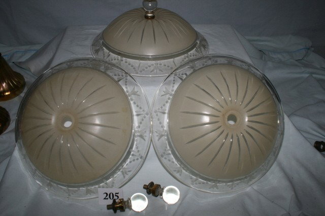 3 Ceiling Shades with Glass Balls: Set of 3 50's Era Cream and Clear Etched Ceiling Shades with Glass Balls (one has non-visible hairline crack where finial attaches)
