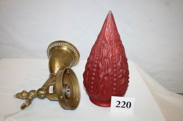 Brass Wall Sconce with Bullet Shade: Brass Wall Sconce with Red Satin Flamed Bullet Shade 14" Tall (replacement fitter)