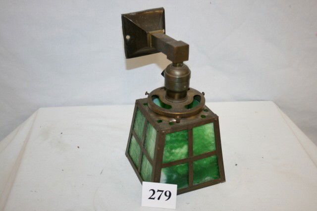 Brass Mission Style Wall Sconce: Brass Mission Style Wall Sconce with Green Slag Glass 9 1/2" Tall x 5" Wide