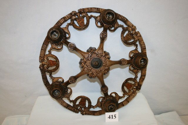 Cast Iron Ceiling Fixture: 5 Drop Cast Iron Ceiling Fixture with Shield Decorations 17" Dia