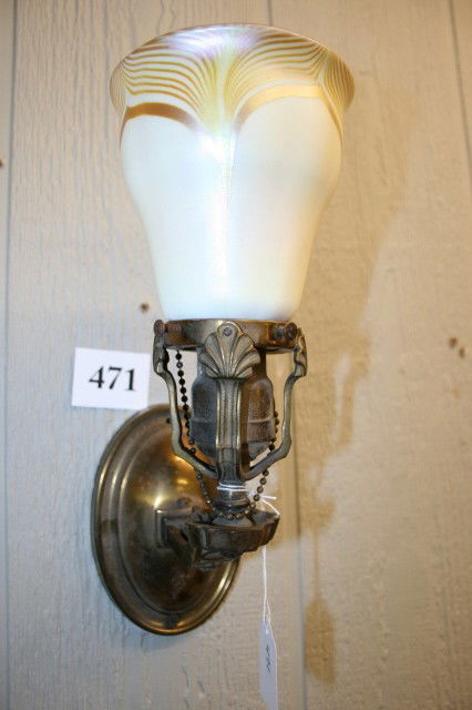 Wall Sconce with "Steuben" Shade: Brass Wall Sconce with "Steuben" Gold Iridescent Pulled Feather Shade (signature not visible)