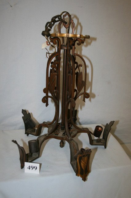 Brass 5 Arm Chandelier: Solid Brass 5 Arm Chandelier Decorated with Crests and Shields 24" Tall x 16" Dia. (needs slipper shades)