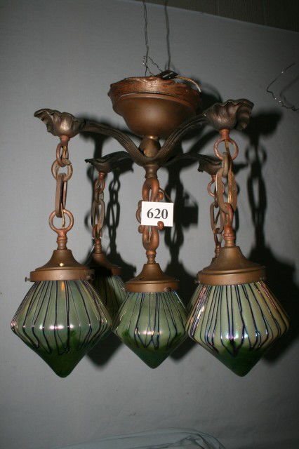 Arts and Crafts Chandelier,Shades: Arts and Crafts Brass 5 Drop Chandelier with "Loetz" Style Colorful Green Iridescent Oil Spot Shades 17" Tall x 18" Dia.