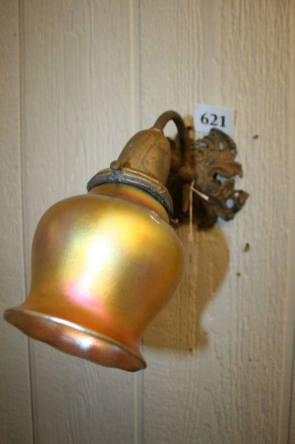 Wall Sconce with "Steuben" Shade: Single Arm Brass Frame Wall Sconce with "Steuben" Style Gold Aurene Shade (small fitter chip)