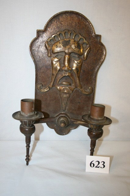 Sconce with "Man of the North": Solid Brass Signed 2 Candle Wall Sconce with "Man of the North" Motif 14" Tall x 7" Wide "Oscar B. Bach Studios NY"