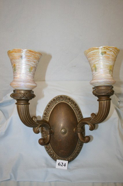 Sconce with Shades "Quezal": Single Solid Brass 2 Arm Torch Sconce with Green-Gold "Autumnal" Leaves and Threaded on Silver/White Gold Lined Shades Signed "Quezal" 19" Tall (Sale Highlight) (matches 625)