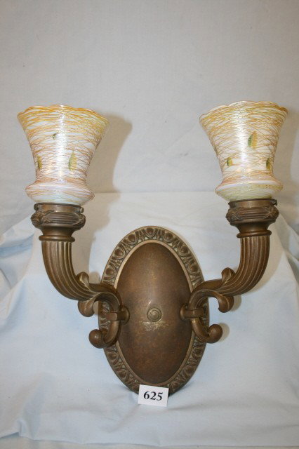 Sconce with Shades "Quezal": Single Solid Brass 2 Arm Torch Sconce with Green-Gold "Autumnal" Leaves and Threaded on Silver/White Gold Lined Shades Signed "Quezal" 19" Tall (Sale Highlight)