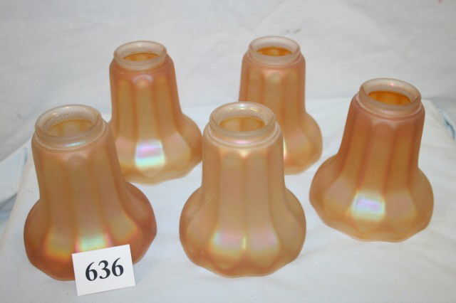 5 "Lightolier" Shades: Set of 5 Matching Gold Iridescent Signed "Lightolier" Shades 5" Tall x 5" Dia. with 2 1/4" Fitters