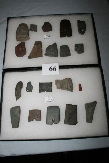 20 Damaged Pendants, Gorgets: (2) 12" x 8" Frames containing 20 Damaged Pendants, Gorgets, and Bannerstones – Warren Co. Ohio – Ex. Arthur Altick Collection