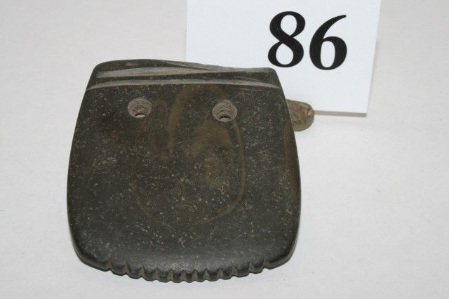 2 Hole Hardstone Gorget: 2 1/2" 2 Hole Hardstone Gorget – Heavy incised tally marked, Scioto Co. Ohio – Ex. Arthur Altick Collection