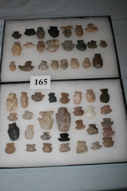53 assorted hafted scrapers: (2) 8" x 12" Frames containing 53 assorted hafted scrapers found in Warren and Clark Co's Ohio – Largest 2 1/4"