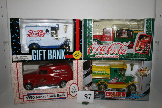Lot of 4 Collector Banks: Lot of 4 Collector Banks including "Coca-Cola," "Pepsi," "Budweiser," & "Mountain Dew" 6" long in original boxes