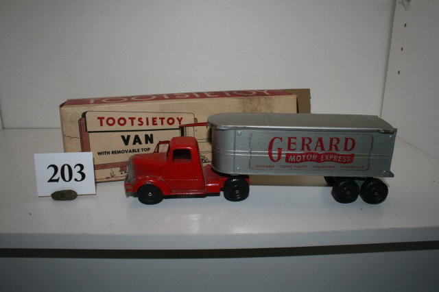 TootsieToy Delivery Van: TootsieToy Delivery Van "Gerard Motor Express" with removable top in original box (slight paint loss, no back door)