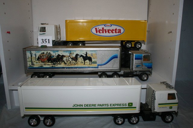 Lot of 3 18-Wheelers: Lot of 3 18-Wheelers including "Velveeta," "Stage Coach," John Deere Parts Express (minor scuffs, scratches)