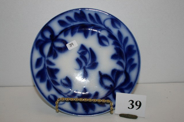 Flow Blue Plate: Three Petals & Leaves Flow Blue 7 5/8" Plate by Meakin
