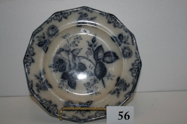 Moss Rose Mulberry Plate: Moss Rose Mulberry Color 9" Plate by J.F. & Co. – crazing & 5/8" spot on front with glaze missing