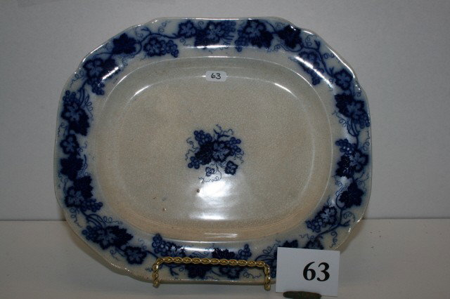 Flow Blue Platter: Vine Border Flow Blue 9" x 10 3/4" Platter – Crown & "Stoneware" Mark – crazing & 3/4 hairline crack on front
