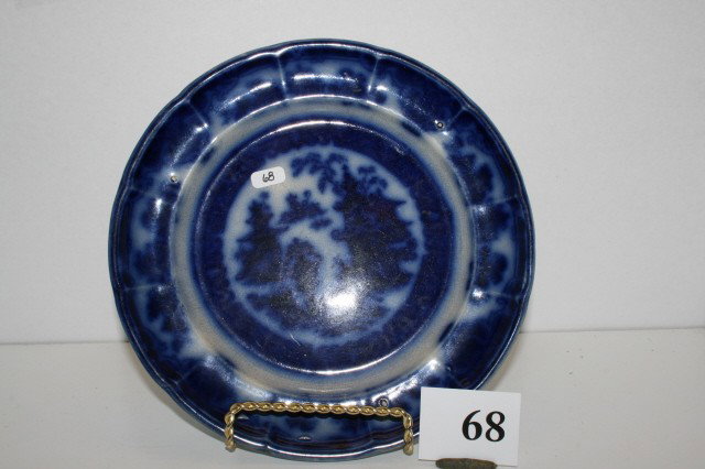 Flow Blue Plate: Temple 9" Flow Blue Plate – very deep blue coloring by Podmore, Walker & Co. 1849-1859 – crazed