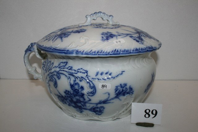 Flow Blue Chamber Pot: Champion Flow Blue Chamber Pot with lid by W. H. Grindley - possibly ground spot on underneath of foot