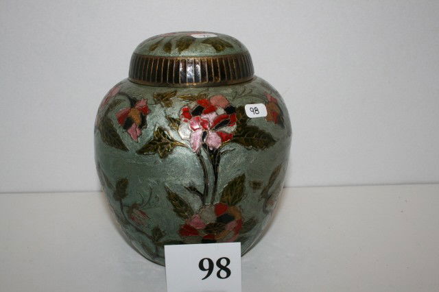 Covered Ginger Jar: Contemporary 7" Enameled Flower Covered Ginger Jar
