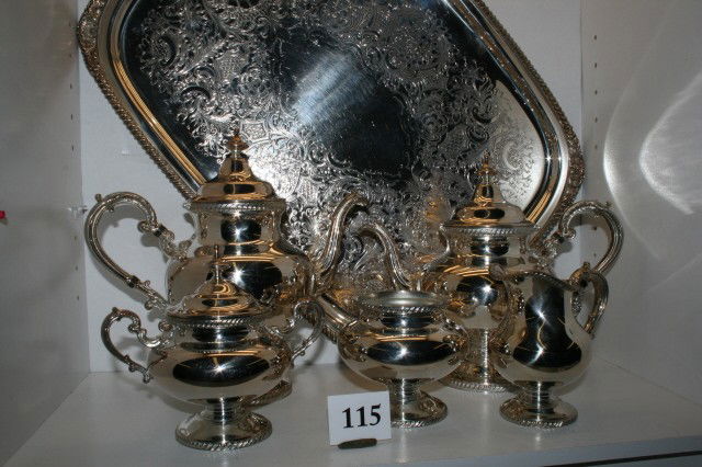 6 pc. Reed & Barton Coffee Set: 6 pc. Reed & Barton Silver Plate Coffee Set – Large Coffee Pot, Tea Pot, Creamer, Covered Sugar, Spooner – great condition & 16" x 27" International Silver Tray