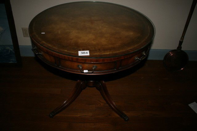 Duncan Phyfe Drum Top Table: Duncan Phyfe Style Drum Top Table with leather top – 4 legs on pedestal & glass top, one drawer (will not ship)