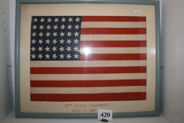 42 Star U.S. Flag: 42 Star 12 x 16 1/2" U.S. Star Flag – "42nd State Washington – Nov. 11, 1889 in 17" x 21" frame