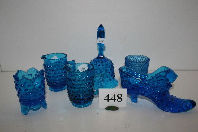 6 Pcs.Cobalt Blue Hobnail Glass: 6 Pcs. of Cobalt Blue Hobnail Glass – (2) 3" Creamers, 6" Bell, (2) 3" T.P. Holders – cat on slipper