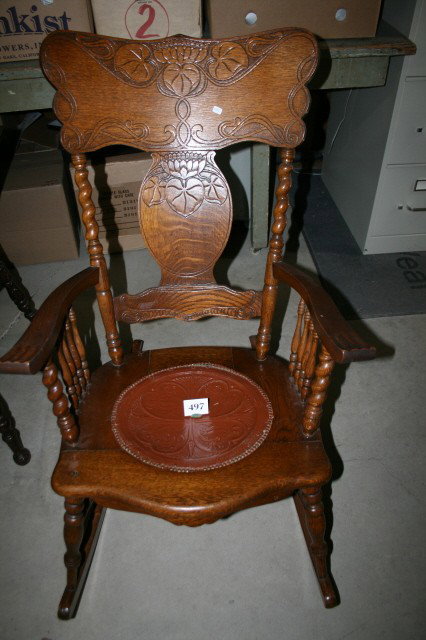 Oak Press Back Rocking Chair: Oak Press Back Rocking Chair with original varnish & leather seat – lily pad design (will not ship)