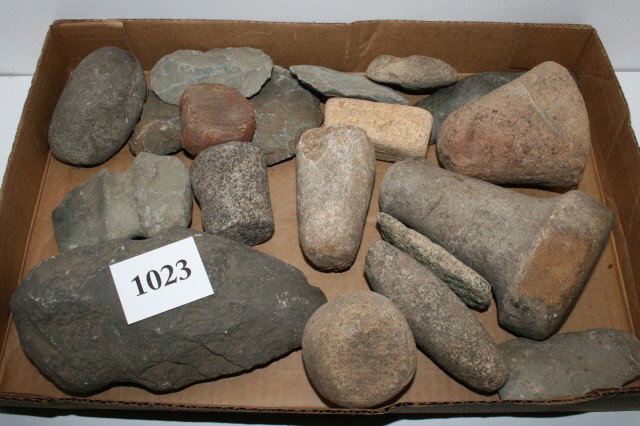 Box Lot of 18 Stone Tools: Box Lot of 18 Stone Tools – Clark & Warren Co.'s Ohio – largest 6 1/2"
