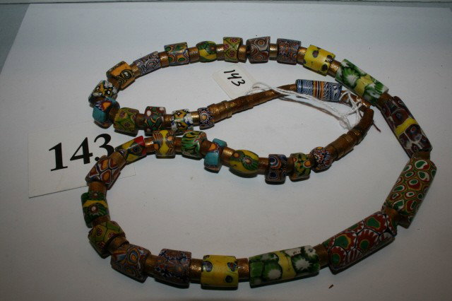 Chevron Millefiori Trade Beads: 27" Strand of Chevron Millefiori Trade Beads with other Gold Colored Spacer Beads