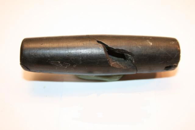 Steatite Bead or Tube Pipe: 3 1/2" Steatite Bead or Tube Pipe Pitch at each end with small bone or shell beads in pitch – broken, glued – California