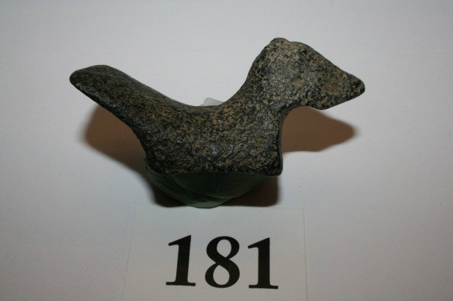 Hardstone Popeye Birdstone: 3 1/8" Hardstone Popeye Birdstone – one eye broken and smoothed by Indian – found in dirt pile at McCray Cemetery Brown Twp. Hancock Co. Ind. Undrilled Pic. Page 219 "Indian Artifacts of the Midwe
