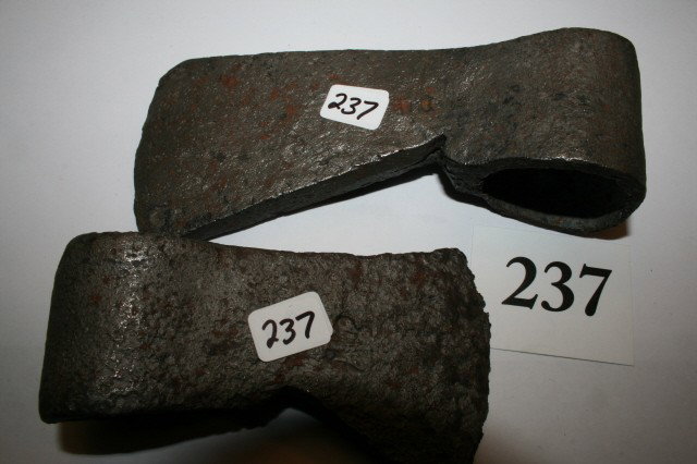 2 Hand Forged Trade Axes: 2 Hand Forged Trade Axes – Electrolysis has been used to remove rust – they are now grey in color – largest 6"