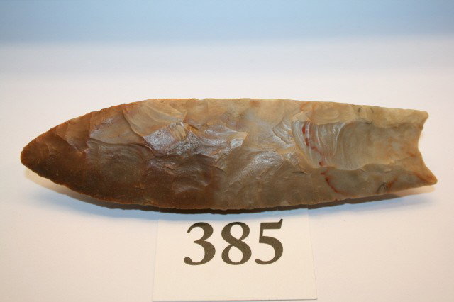 Paleo Clovis Point: 5 1/2" Paleo Clovis Point – Carter Cave Flint, found near Sugar Grove, Lincoln Co. Kentucky, pictured in Paleo Indian Artifacts, Lar Hothem page 56, has Perino and Patain C.O.A's – C.O.A's are one