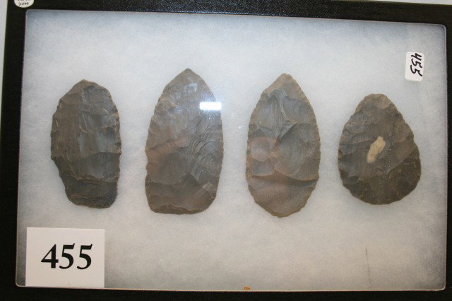Cache of 4 Hornstone Blades: Cache of 4 Hornstone Blades – largest 3 3/4", found by John Shelton, Perry Co. Ind. (Ex. Riley Coll.) Davis C.O.A.