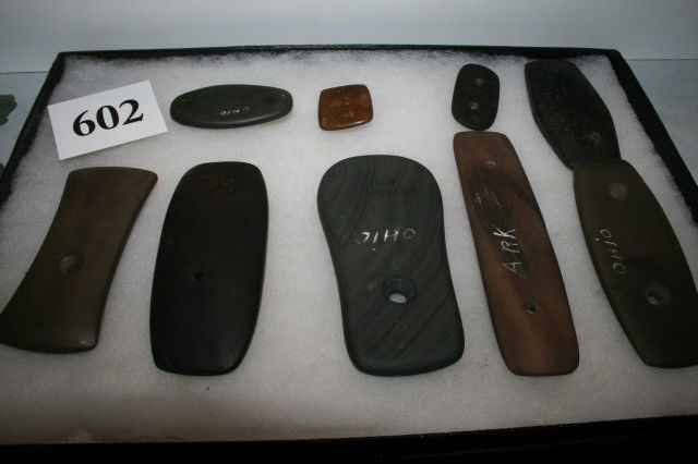 9 Pendants and Gorgets: 12 x 8 Frame containing 9 assorted Pendants and Gorgets, various states, buyer be the judge