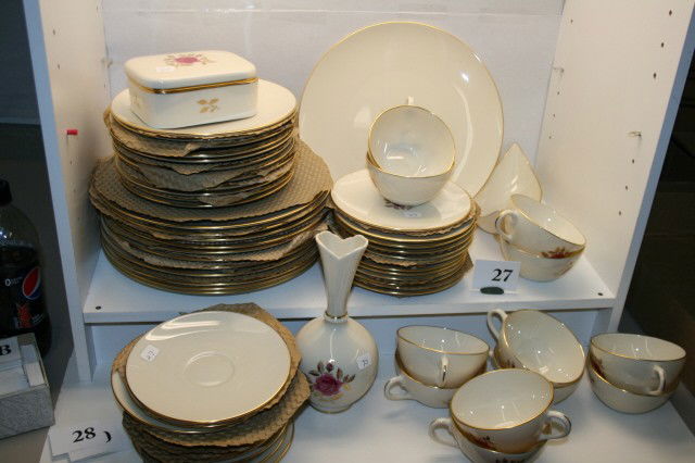 63 Pc. Set of Lenox: 63 Pc. Set of Lenox – Roselyn Pattern – 12 Cups & saucers, 12 Dinner plates, 12 Luncheon Plates, 12 Dessert Plates, 7 3/4" Vase, 9" Relish Tray, 5" Cigarette Box