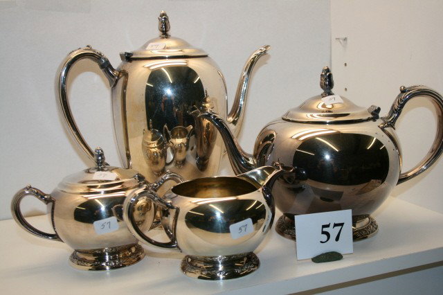 Coffee Pot Tea Pot Sugar Creamer: 4 pc Set of Oneida Ltd. May Brook Silver Plate 19" Teapot, 9" Coffee Pot, 4" Covered Sugar & 3" Creamer