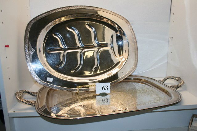 2 pcs. of Silver Plate: 2 pcs. of Silver Plate – 12 3/4" x 17 1/4" Meat Platter by Oneida Skyline Design & 13 3/4" x 18" handled Tray with Hallmark of crown/S/Shield