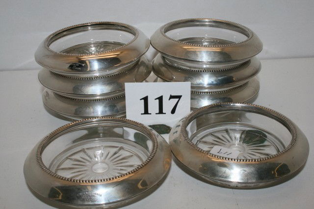 8 Sterling Silver Coasters: 8 Sterling Silver Coasters with glass inserts by Frank M. Whiting Co.