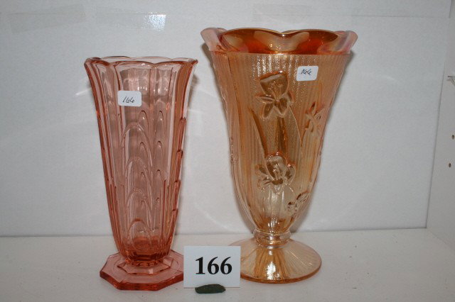 Pink Celery Vase: 8" Pink Celery Vase & 9" Iris & Herringbone Carnival Vase