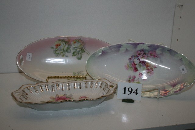 3 China Pickle Dishes: 3 China Pickle Dishes – 10" L D B Co. Germany with roses & 9 3/4" K & L Germany with raspberries & 8 1/2" 1PF Germany with roses & pearlized finish