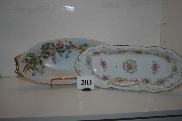 2 Bavaria China Celery Trays: 2 Bavaria China Celery Trays – 12 1/2" signed with shield & S.C. & 12 1/2" by Hubschreuther – artist signed by Pode & Mead – Apple Blossoms