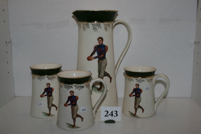 4 Pc. Set of Avon China: 4 Pc. Set of Avon China by W.R. Co. – 11" Pitcher & 3 Mugs with scene of early football players – signed F. Earl Christy signed on back Universitatis Pennsylvania CONDITION: pitcher has 1" crack b