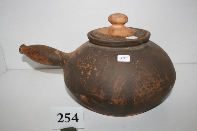 Redware Bean Pot: Primitive Redware Bean Pot with handle & lid – 5 1/2" tall x 9" wide