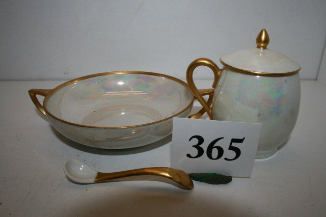 Bavaria Pearlware Mustard: J & C Bavaria Pearlware Mustard with spoon & 2 handled dish