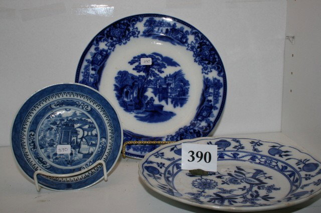 Shanghai Flow Blue Plate: 10" Shanghai Flow Blue Plate – 2 chips on back edge & 9 1/2" Meissen Plate by Caaldro with 2 chips on front & 6" Canton Plate