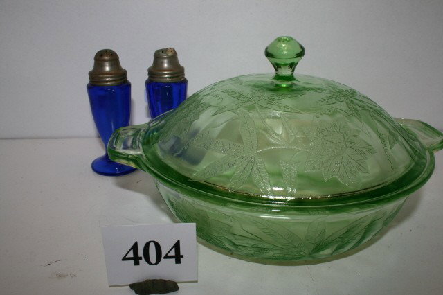 Poinsettia Covered Bowl: Depression Glass 8" Green Poinsettia Covered Bowl & Pair of Blue Cobalt Salt & Pepper Shakers